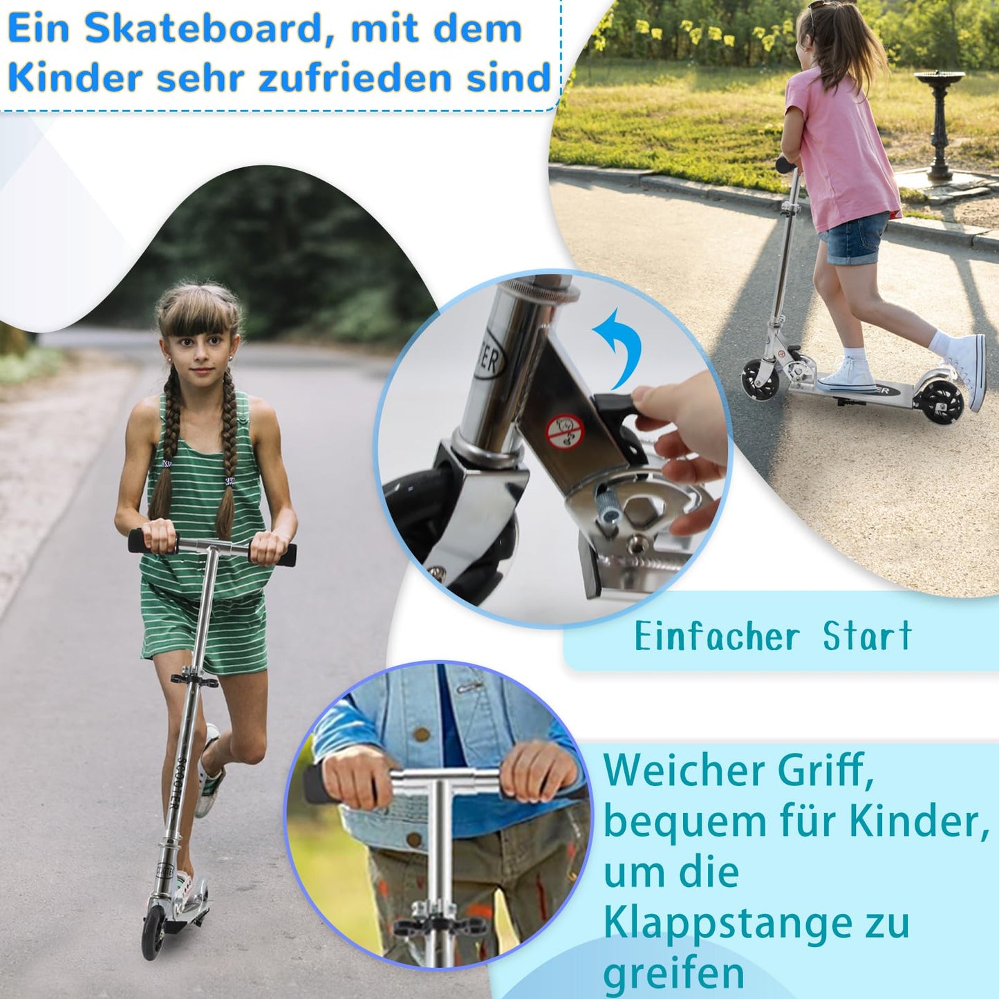 TENBOOM Kids Scooter 6 years, with 2 LED light-up wheels. Foldable and height adjustable, with rear brake. Suitable for boys and girls aged 3-10.