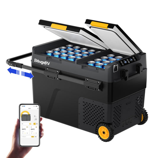 BougeRV CRD2 compressor refrigerator 49L with freezer compartment, dual doors, dual zones (improved aluminum handle). Car fridge with wheels, 12V/24V 230V, camping electric cooler with APP control, -20°C~20°C.