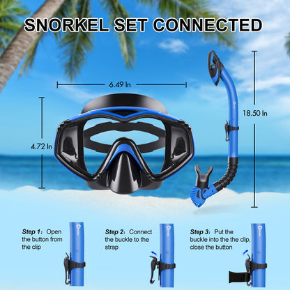 Adult Dorlle snorkel set includes premium dry snorkel and tempered glass diving mask, 180° panoramic view, anti-fog, anti-leak features for snorkeling and swimming. Comes with a carrying bag.