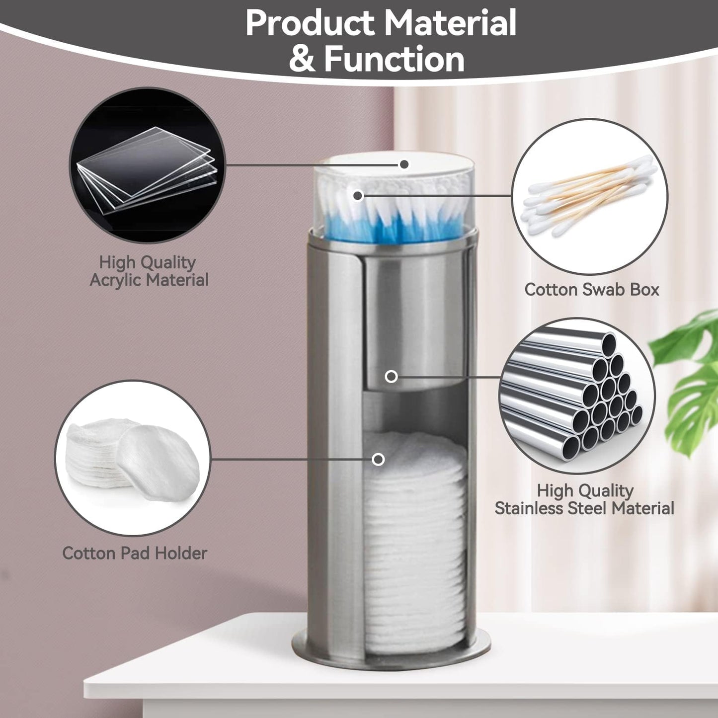 HERCHR 2-in-1 stainless steel cotton swab holder, makeup cotton pads dispenser, organizer, qtip holder, dispenser with acrylic lid for bathroom vanity, 18.5 x 7.3 cm
