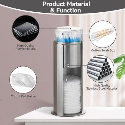 HERCHR 2-in-1 stainless steel cotton swab holder, makeup cotton pads dispenser, organizer, qtip holder, dispenser with acrylic lid for bathroom vanity, 18.5 x 7.3 cm