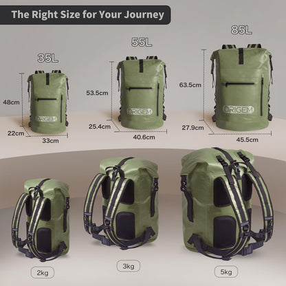 Origem Waterproof Backpack, 35L/55L/85L Rolltop Backpack Waterproof, Dry Bag with Laptop Insert for Kayaking, Fishing, Rafting, Diving, or everyday use.