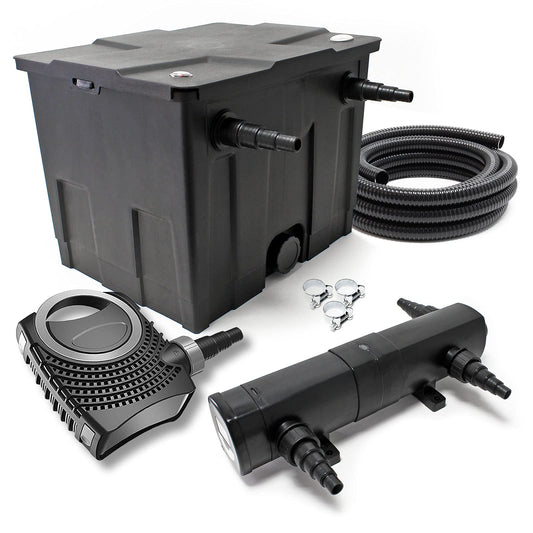 SunSun Complete Set: CBF-350 Pond Filter up to 12000L Pond Filtration System, NEO3800 Pond Pump 3600l/h 20W, CUV-224 Pond Clarifier 24W, 5m Pond Hose 38 mm (1 1/2"), Hose Clamps 44-47mm