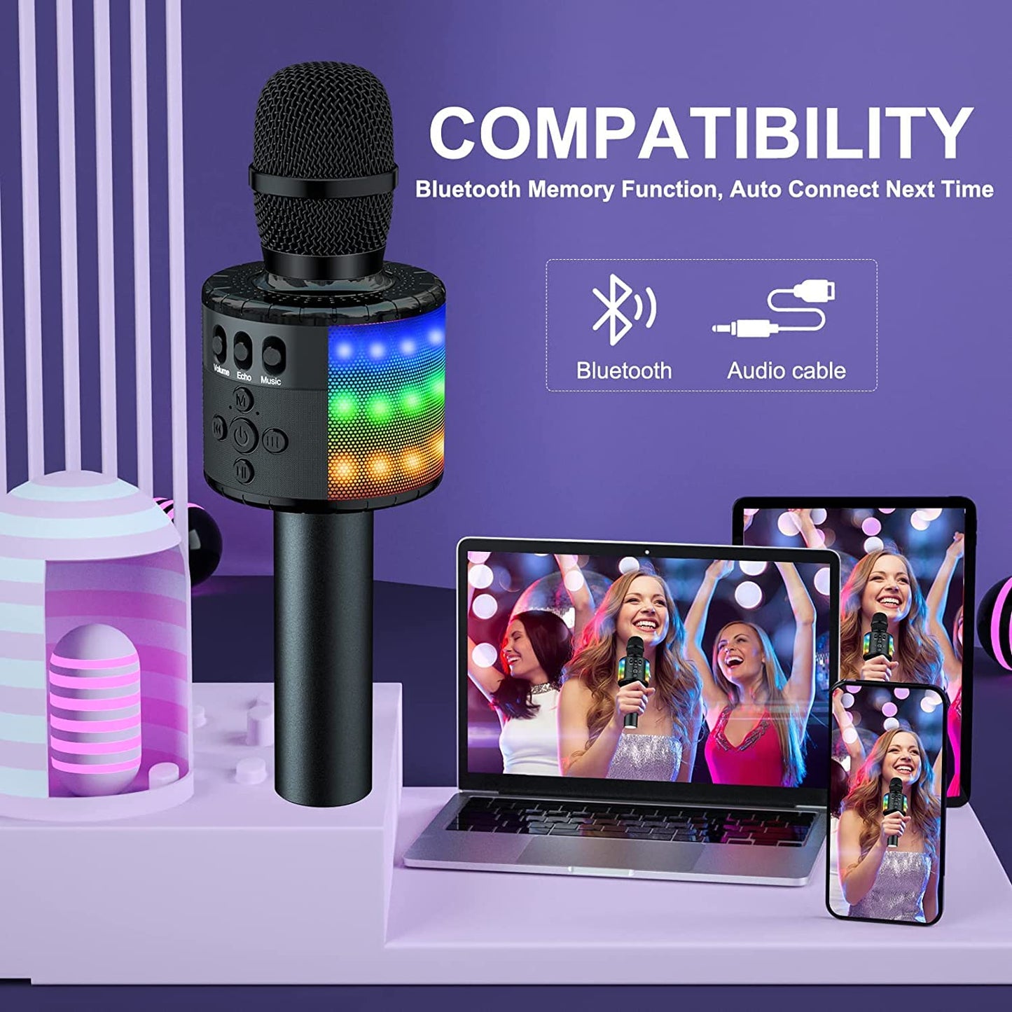 BONAOK Karaoke Microphone for Kids, Home KTV Bluetooth Karaoke Machine, Portable Kids Karaoke Microphone, Party Speaker for Smartphone PC (Q78 Black)