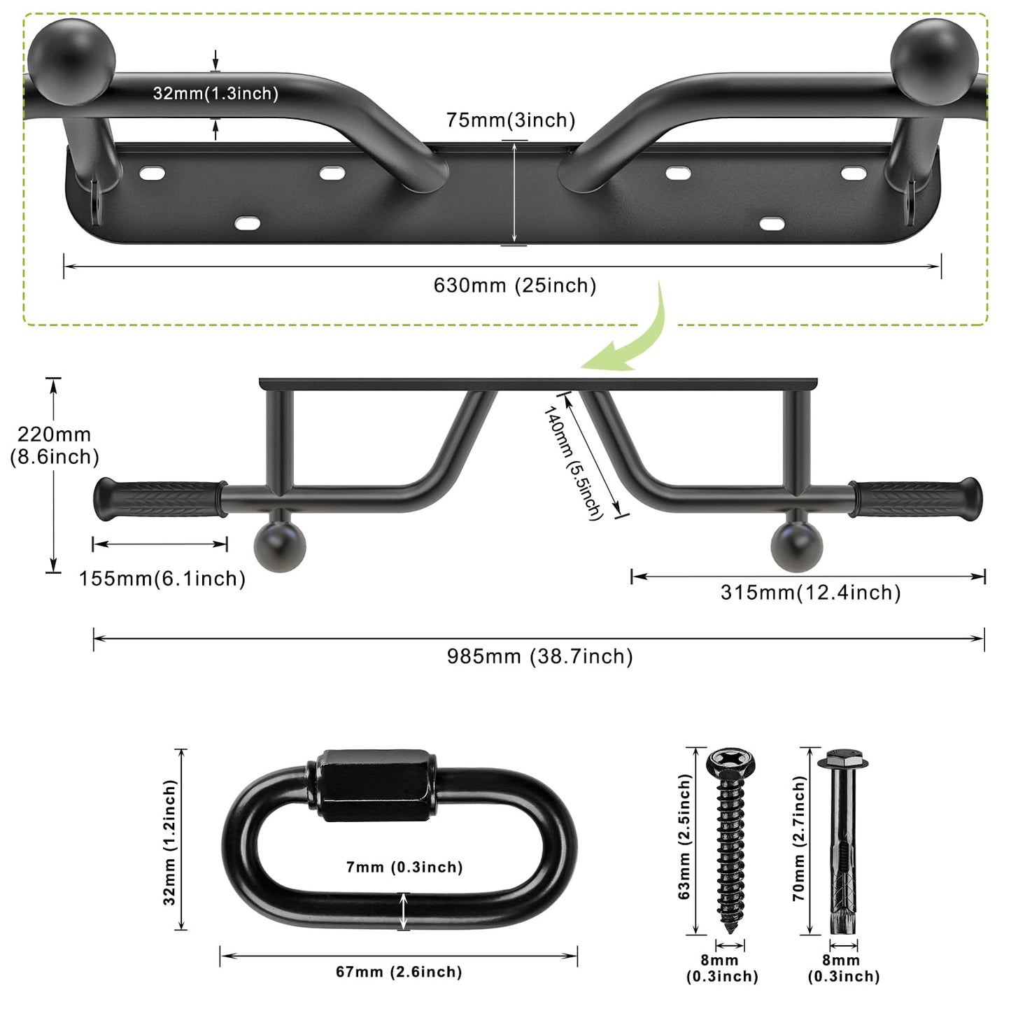 Kipika pull-up bar for wall mounting in home gyms. Suitable for various strength exercises. Supports up to 200 kg. Can also be used in doorways.