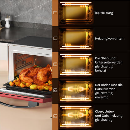 WOLTU Mini Oven, Pizza Oven 32 L, 1600 W, 100-230 °C, 0-60 Min. Timer, 5 Heating Modes, Double Glass Door, with Rotisserie, Baking Tray, Grill Rack, Crumb Tray, Grid Handle, Black+Red