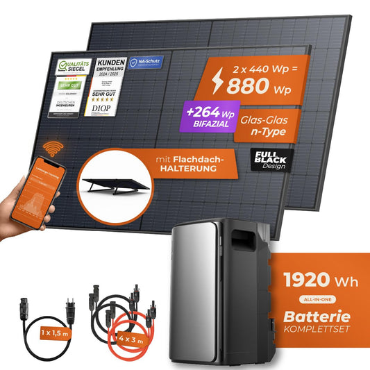 Solarway® 880Wp / 800W balcony power plant with 1.9kWh storage including outlet - 1.9 kWh EcoFlow Stream Max - Complete solar system set