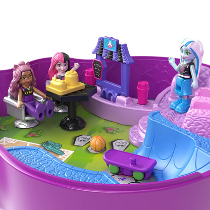 Polly Pocket Monster High playset with 3 small dolls and 10 accessories, school world inside, portable travel toy with storage capability, HVV58