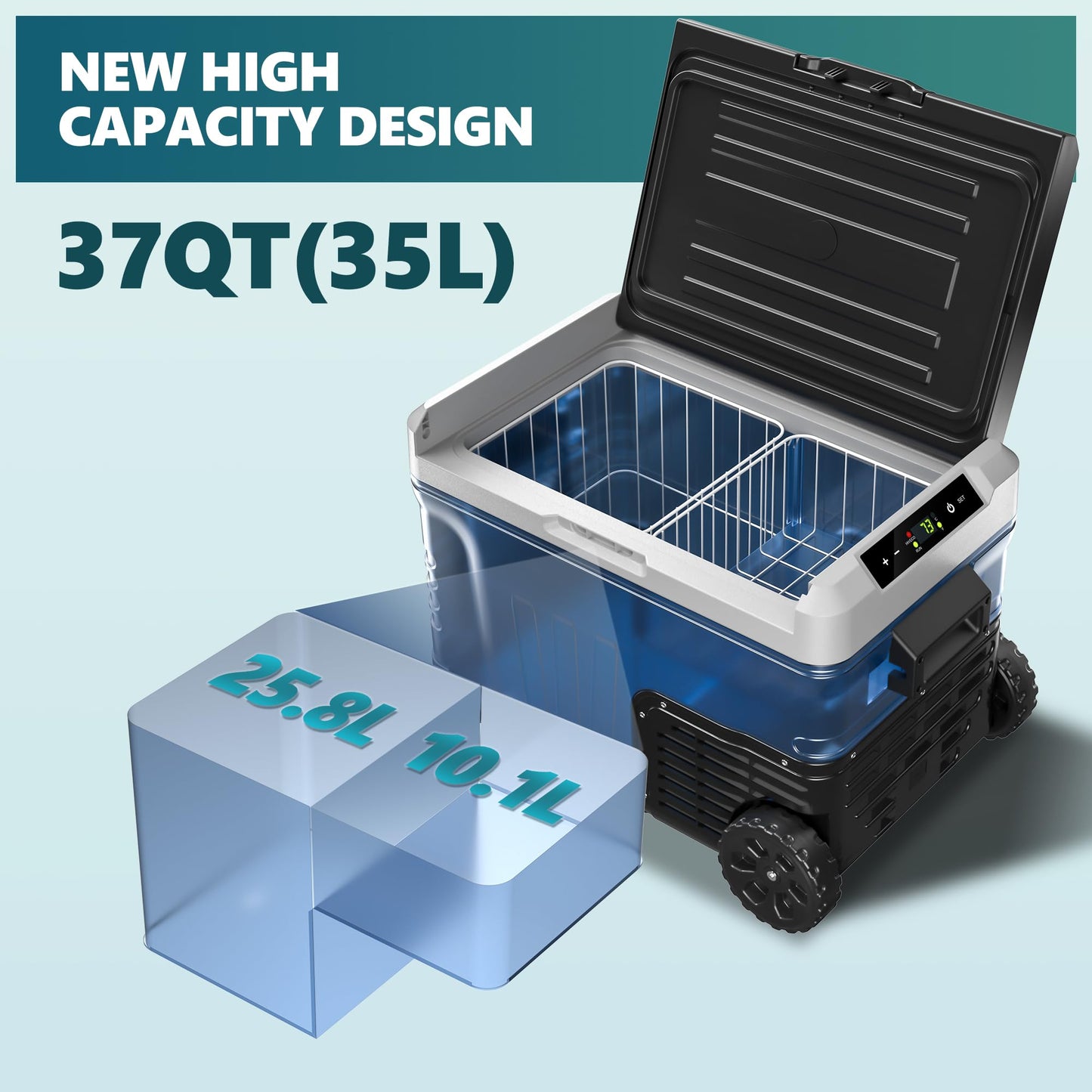 EUHOMY 12 Volt Refrigerator, 37 Quart (35L) Car Fridge Freezer. Can be powered by 12V/24V DC or 110-240V AC. Dual Zone Electric Cooler with -4℉~68℉ temperature range. Portable with wheels & 2 baskets for RV, Camping, Travel, Truck, Boat.