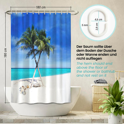 arteneur® - Beach - Anti-mold shower curtain 180x180 - Recycled with Oeko-Tex Standard 100 - Weighted hem, opaque, waterproof, washable, 12 rings & E-book