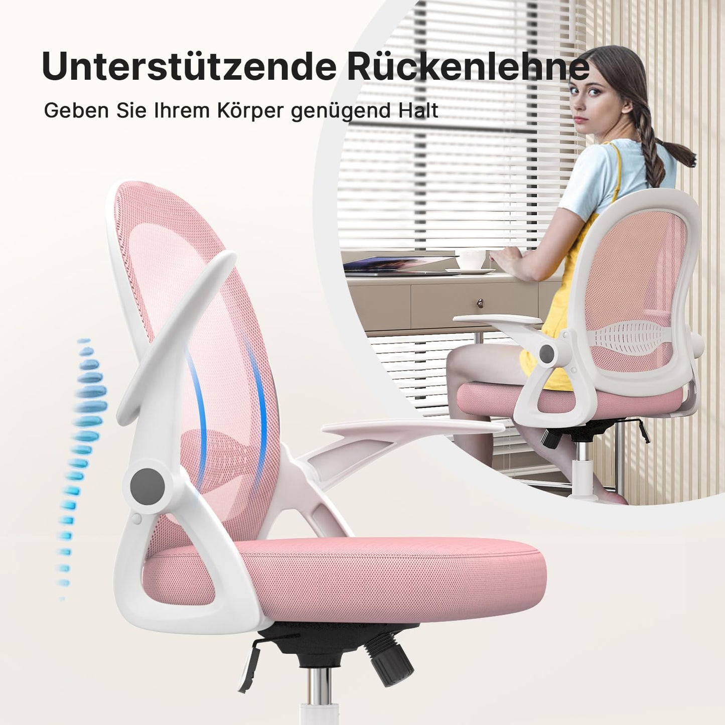 Rattan tree Ergonomic Office Chair, Desk Chair with Breathable Backrest, Height Adjustable, Mesh Chair with Foldable Armrests, Computer Chair, 360° Swivel Chair for Office, Home, Pink.