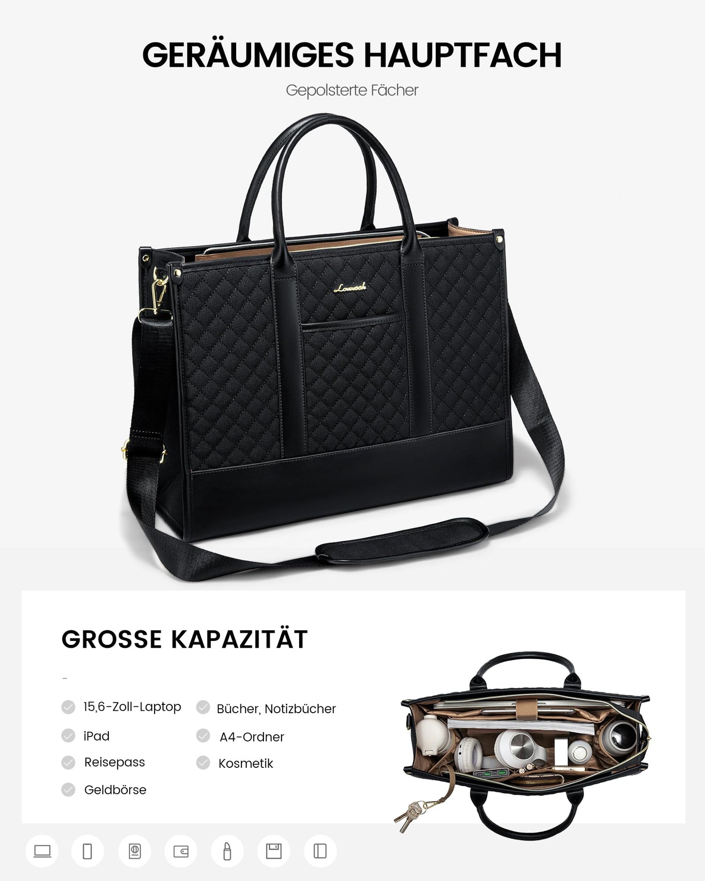 LOVEVOOK laptop bag for women 15.6 inch, waterproof work handbag large school bag shopper business briefcase teacher's bag, leather tote bag notebook bag for office university black