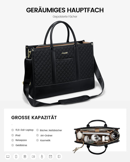 LOVEVOOK laptop bag for women 15.6 inch, waterproof work handbag large school bag shopper business briefcase teacher's bag, leather tote bag notebook bag for office university black
