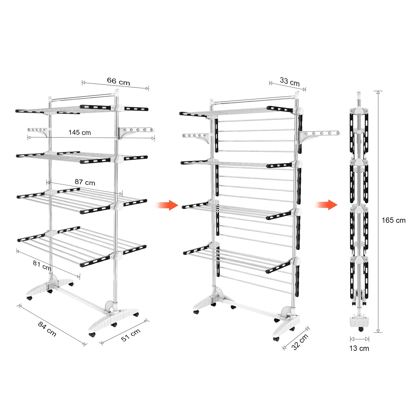 Todeco Foldable Laundry Rack Tower, 4-tier stainless steel tower dryer with 6x rollers, wings, top bar. Mobile tower laundry stand for balcony living room bathroom, Black.
