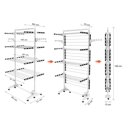 Todeco Foldable Laundry Rack Tower, 4-tier stainless steel tower dryer with 6x rollers, wings, top bar. Mobile tower laundry stand for balcony living room bathroom, Black.