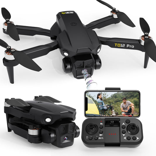 Toladrone TD12Pro drone with 1080P camera, brushless motor, altitude hold, headless mode, 2 cameras, foldable FPV quadcopter for beginners.