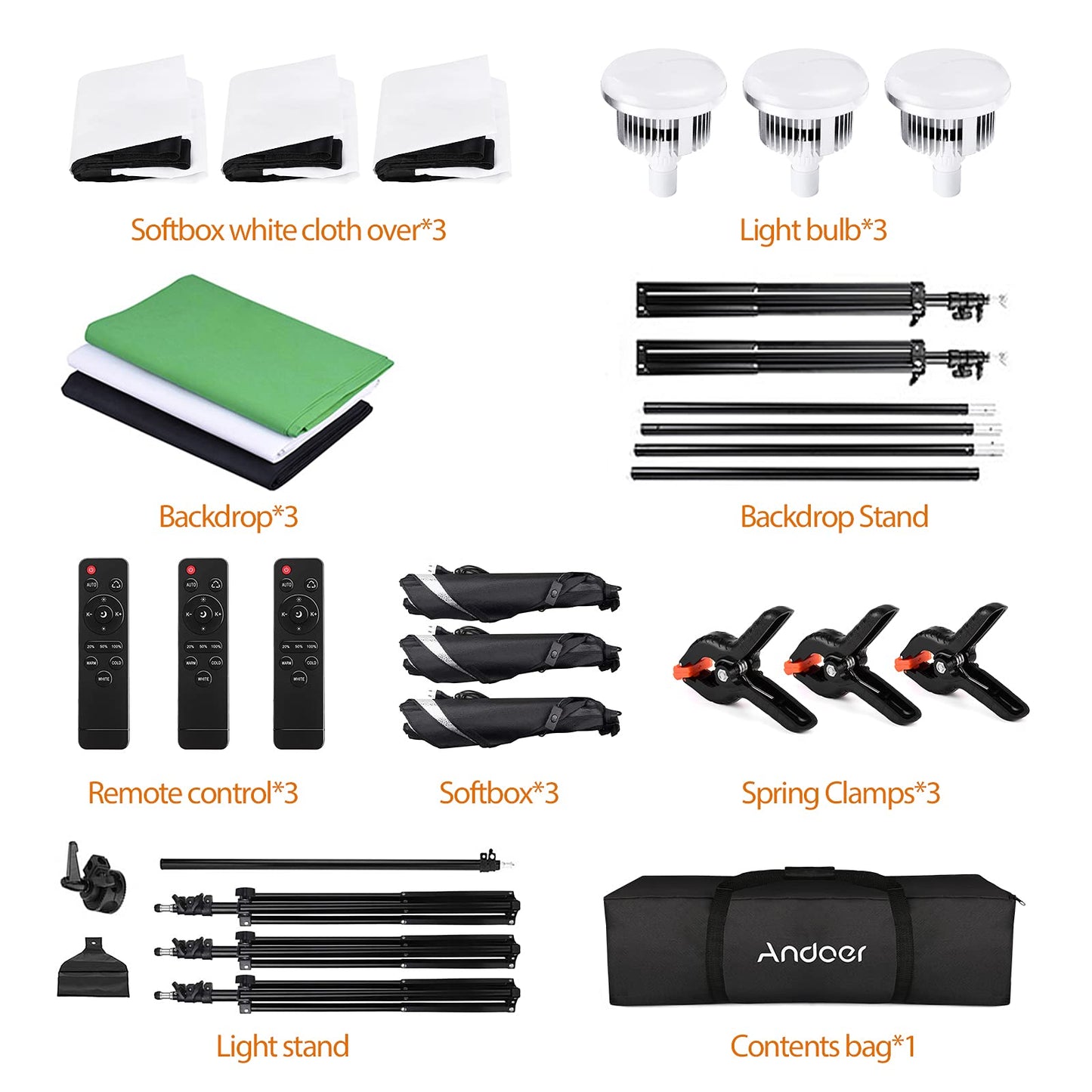 Andoer Softbox Photo Studio Set with Greenscreen, 2 x 3 meters photo studio background system, 3 softboxes, 3 x 85W 2800K-5700K photo lamps for video recording portrait photography.