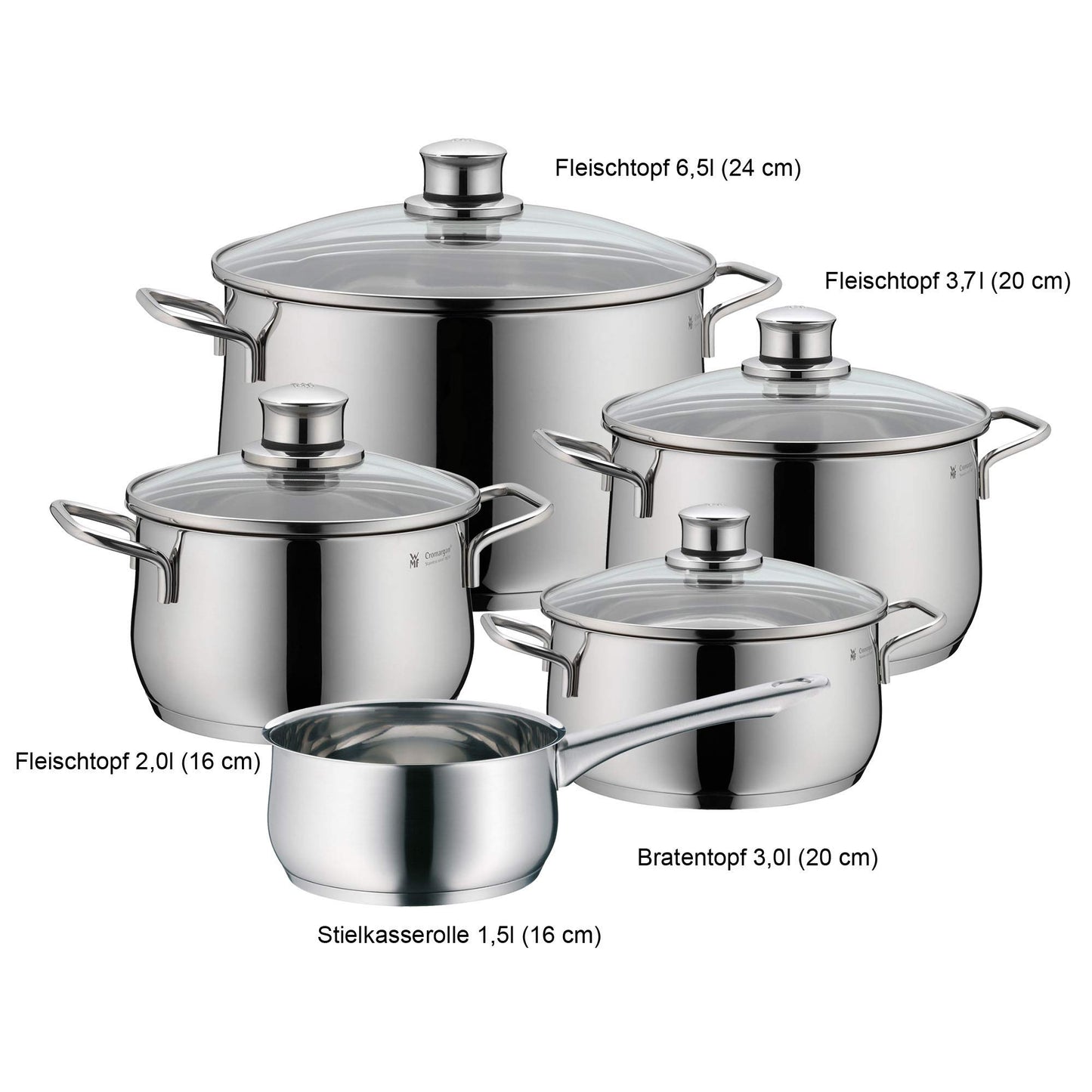 WMF Diadem Plus 5-piece Induction Cookware Set with glass lids, polished Cromargan stainless steel, induction pots set without coating.