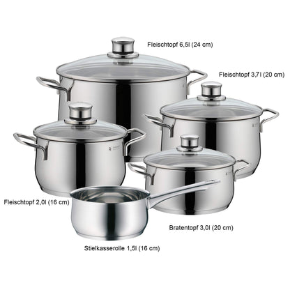 WMF Diadem Plus 5-piece Induction Cookware Set with glass lids, polished Cromargan stainless steel, induction pots set without coating.