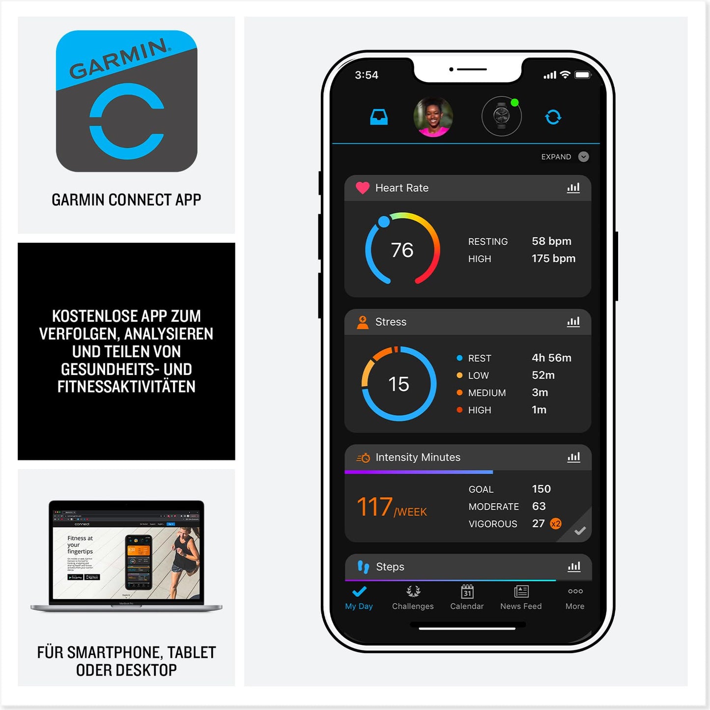 Garmin Vivoactive 5 - GPS smartwatch with 1.2" AMOLED touch display, fitness and health features, and music functions.