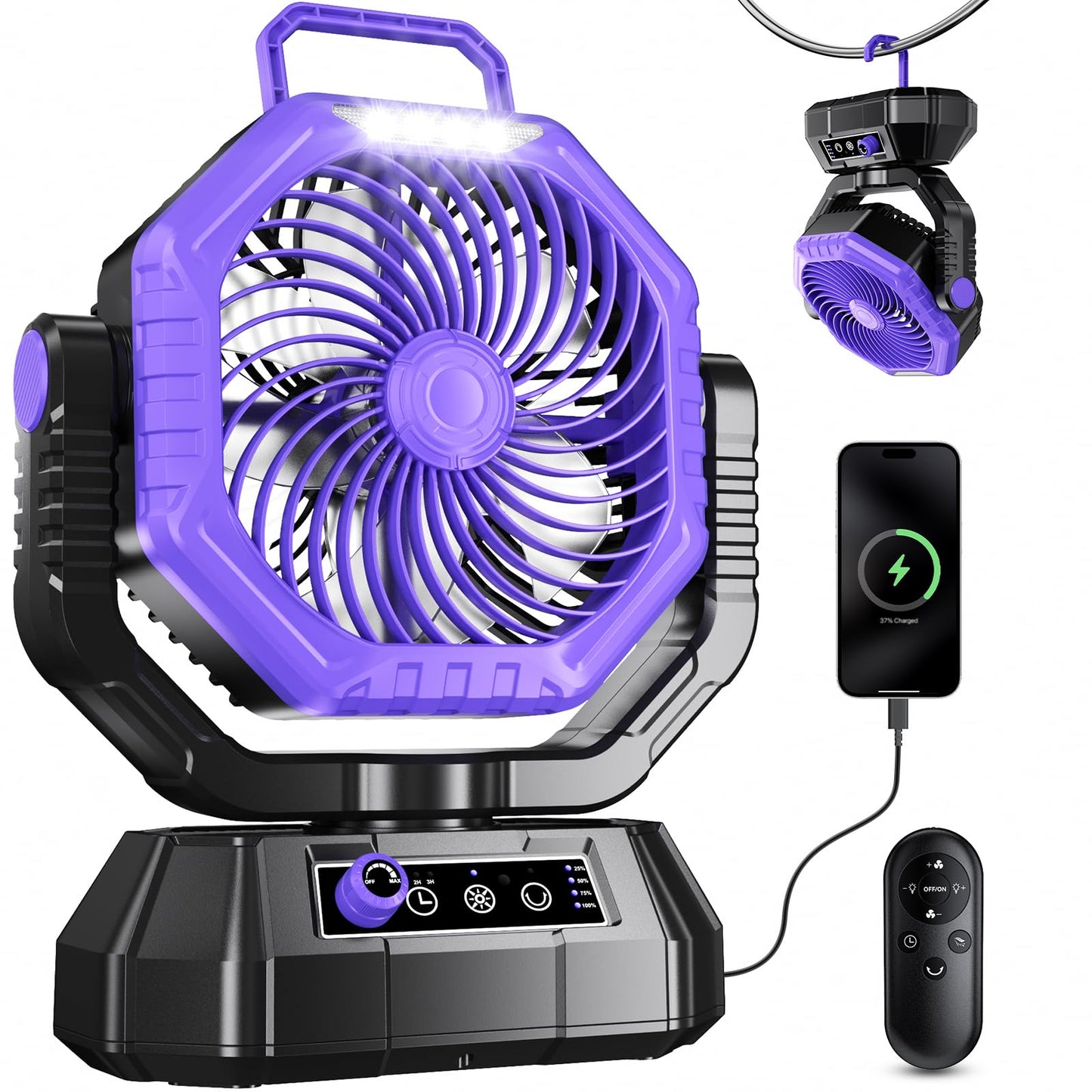 VTHW Camping Fan, 20000mAh Rechargeable Fan with LED Light & Hook, 270° Rotation, Stepless Speed, Timer Mode, USB Desk Fan for Indoor Outdoor (Purple)