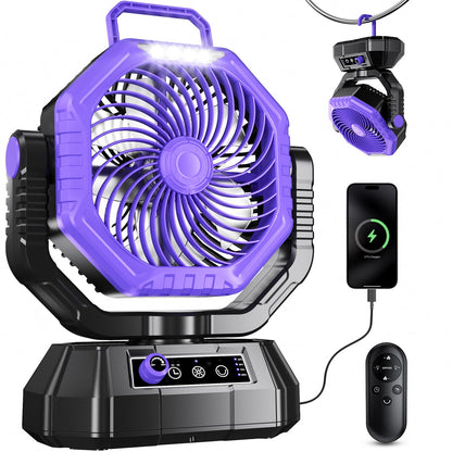 VTHW Camping Fan, 20000mAh Rechargeable Fan with LED Light & Hook, 270° Rotation, Stepless Speed, Timer Mode, USB Desk Fan for Indoor Outdoor (Purple)