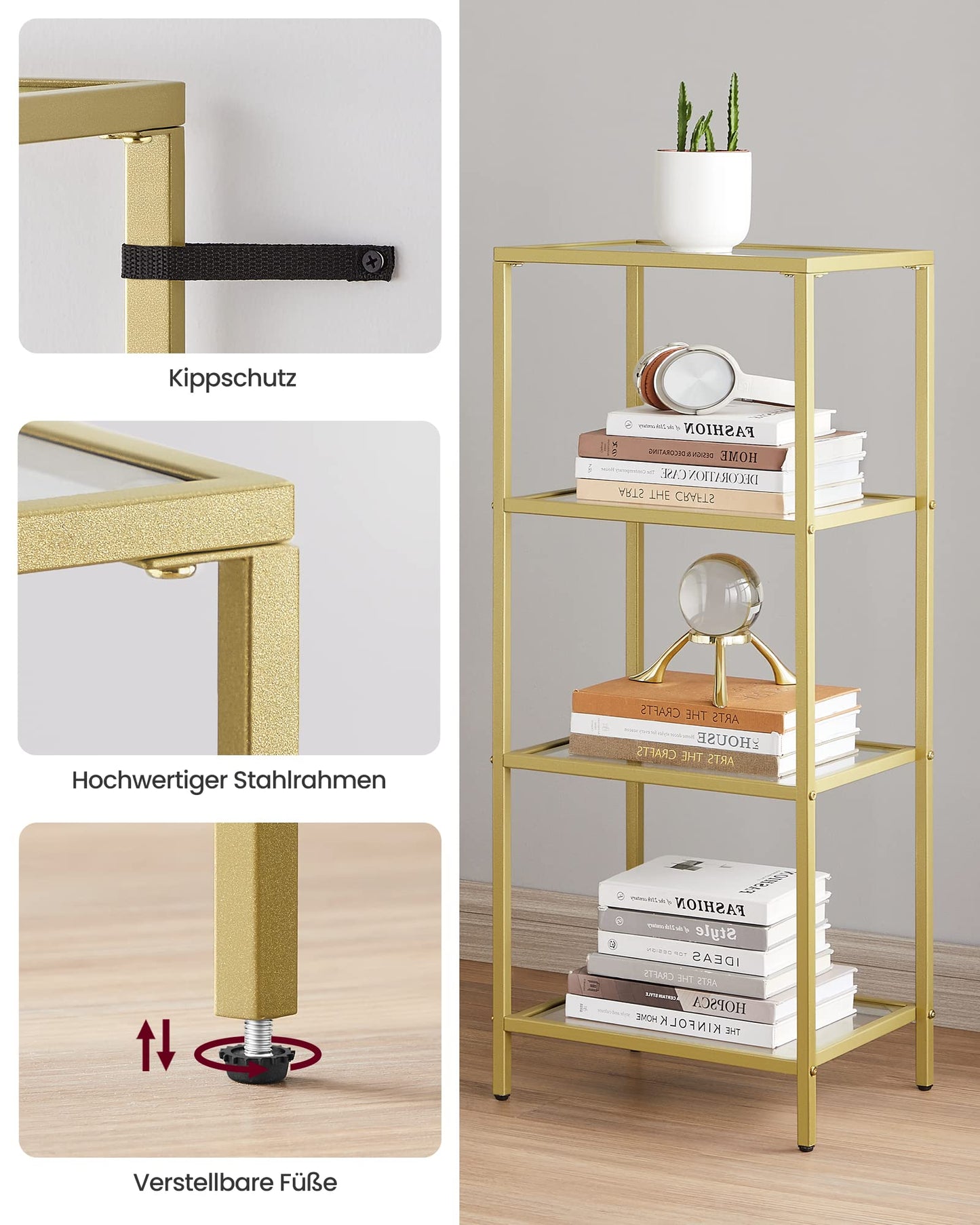 VASAGLE 4-tier shelf, bathroom shelving unit, tempered glass, easy assembly, for bathroom, living room, kitchen, office, clear-metallic gold LGT28G