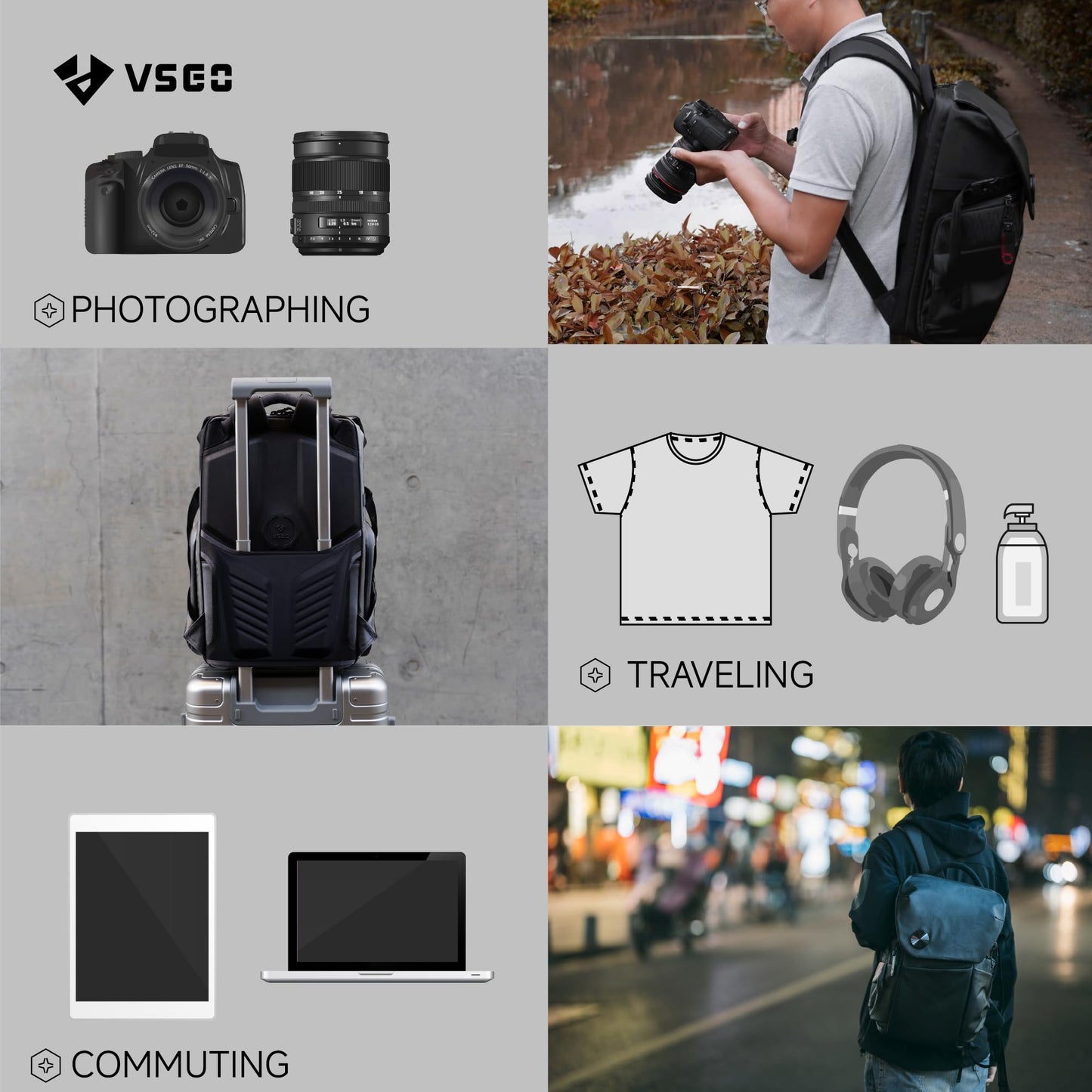 VSGO 20L Professional Camera Backpack designed for DSLR/SLR cameras like Sony, Canon, and Nikon. Also fits DJI RSC2 gimbals, tripods, 15.6" laptops, lenses, and other accessories. Made of waterproof TPU canvas, ideal for travel and outdoor use.