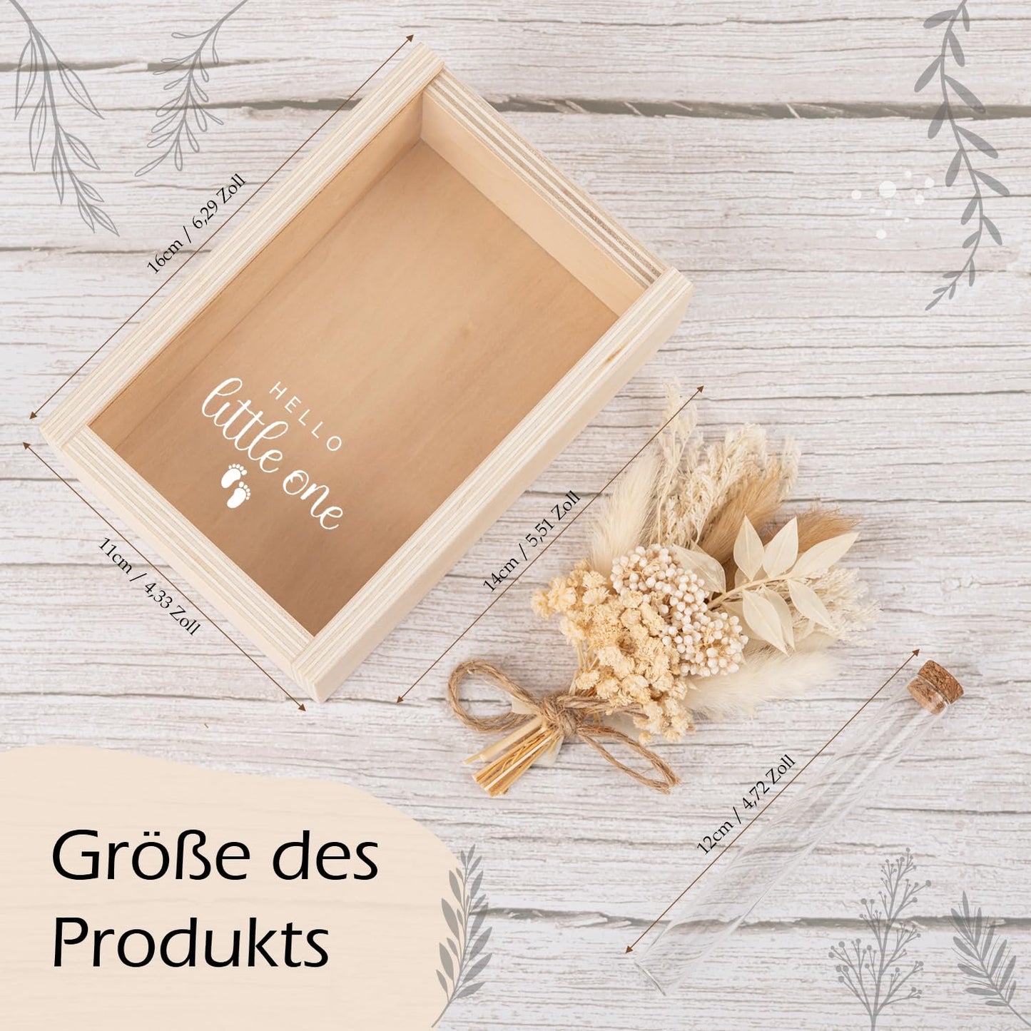 Buy by Brothers money box, money gift box, money gift, Hello Little One, baby boy/girl birth gift, wooden box+dried flowers+test tube, muted green, rusty orange, tan.