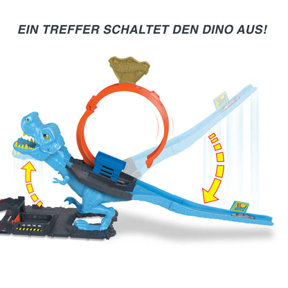 Hot Wheels City T-Rex Attack - Skill through precise timing, police station, loop, dinosaur, cross-eyed, for kids ages 4 and up, HNP77