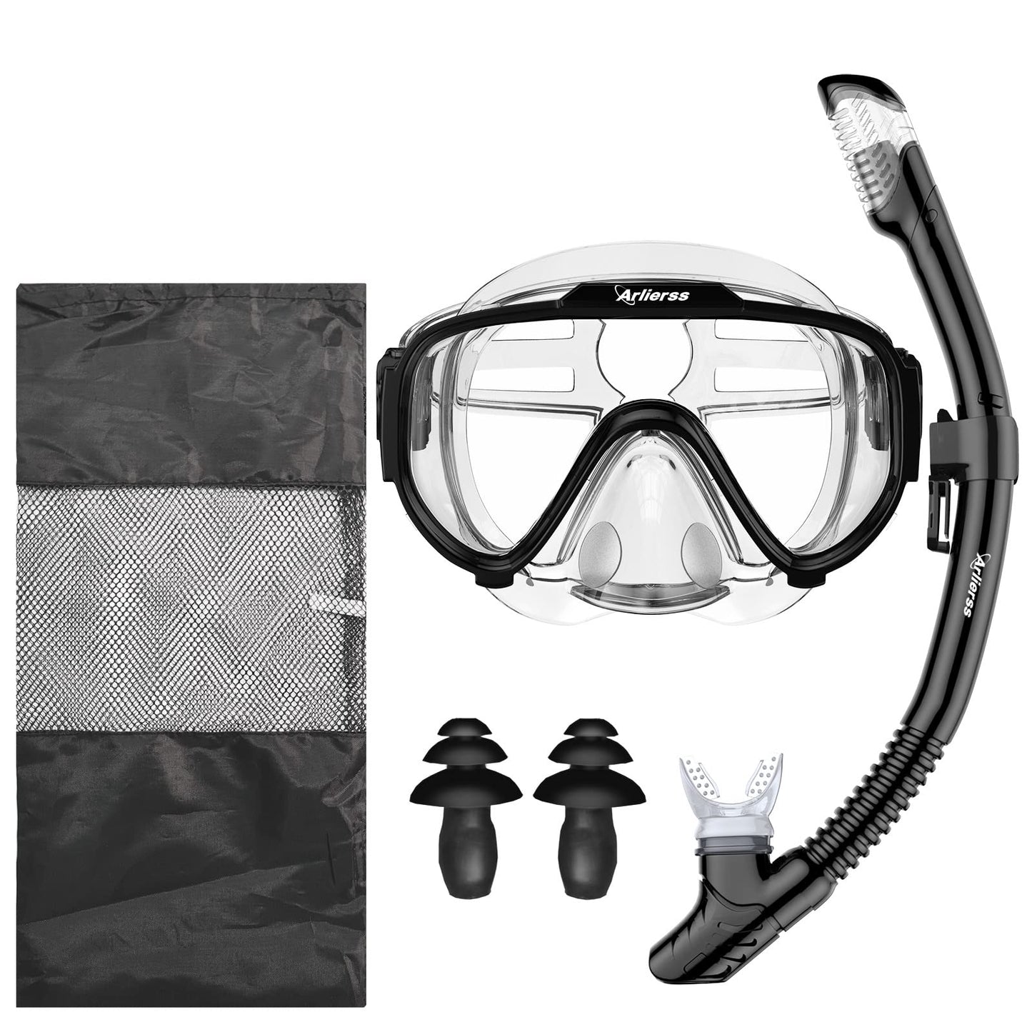 Arlierss diving mask, snorkel set with snorkel and diving mask, 180° panoramic HD tempered glass anti-fog anti-leak premium dry snorkel for adults.