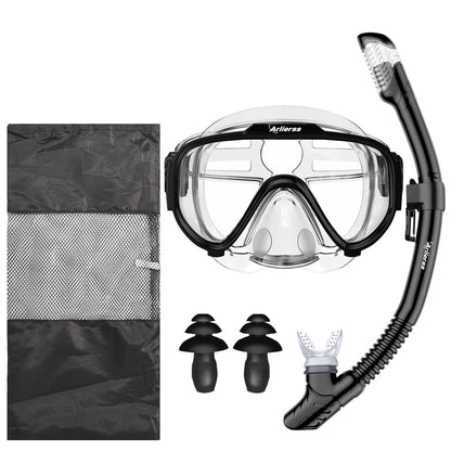 Arlierss diving mask, snorkel set with snorkel and diving mask, 180° panoramic HD tempered glass anti-fog anti-leak premium dry snorkel for adults.