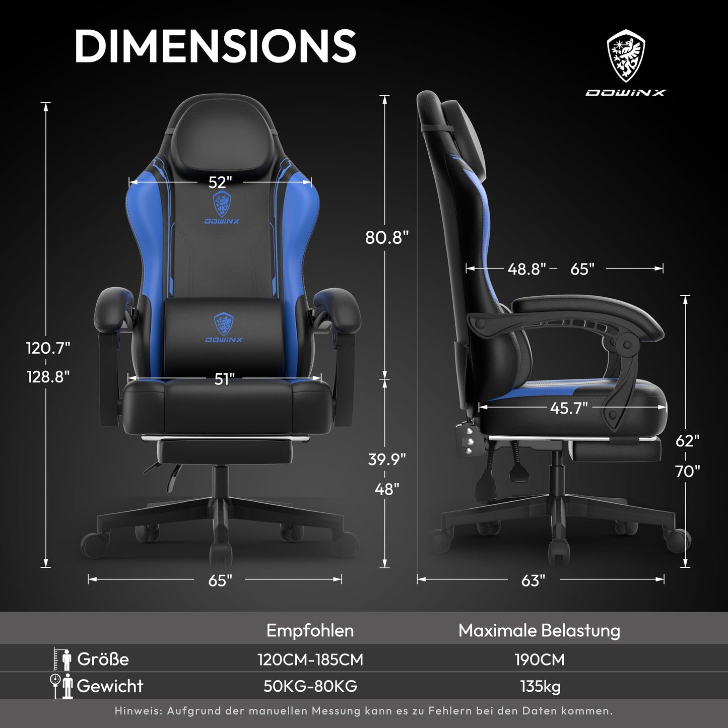 Dowinx Gaming Chair, Ergonomic Gamer Seat made of PU leather with lumbar support, massage function and wide backrest, up to 150 kg load capacity, Blue.