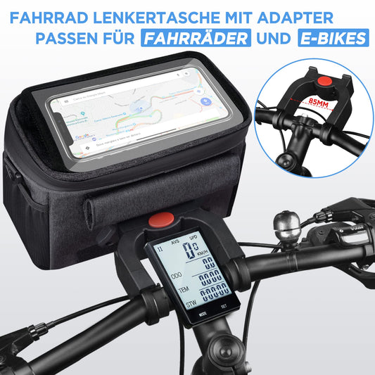 LEMEGO bike bag designed for e-bikes and bicycles, 5.3L capacity, waterproof handlebar basket with adapter. Features adjustable touchscreen phone holder and detachable shoulder strap.