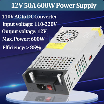DC 12V 50A 600W power supply transformer switch power supply 110V/220V AC to DC 12V power supply transformer adapter transformer 12V 50A for LED light strip CCTV camera security system radio (2023 Upgraded)