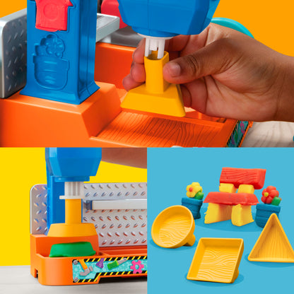 Play-Doh workbench playset, 5 x 56g cans of modeling compound in colorful colors, with circular saw toy, tools, and stamps, creative for children ages 3 and up.