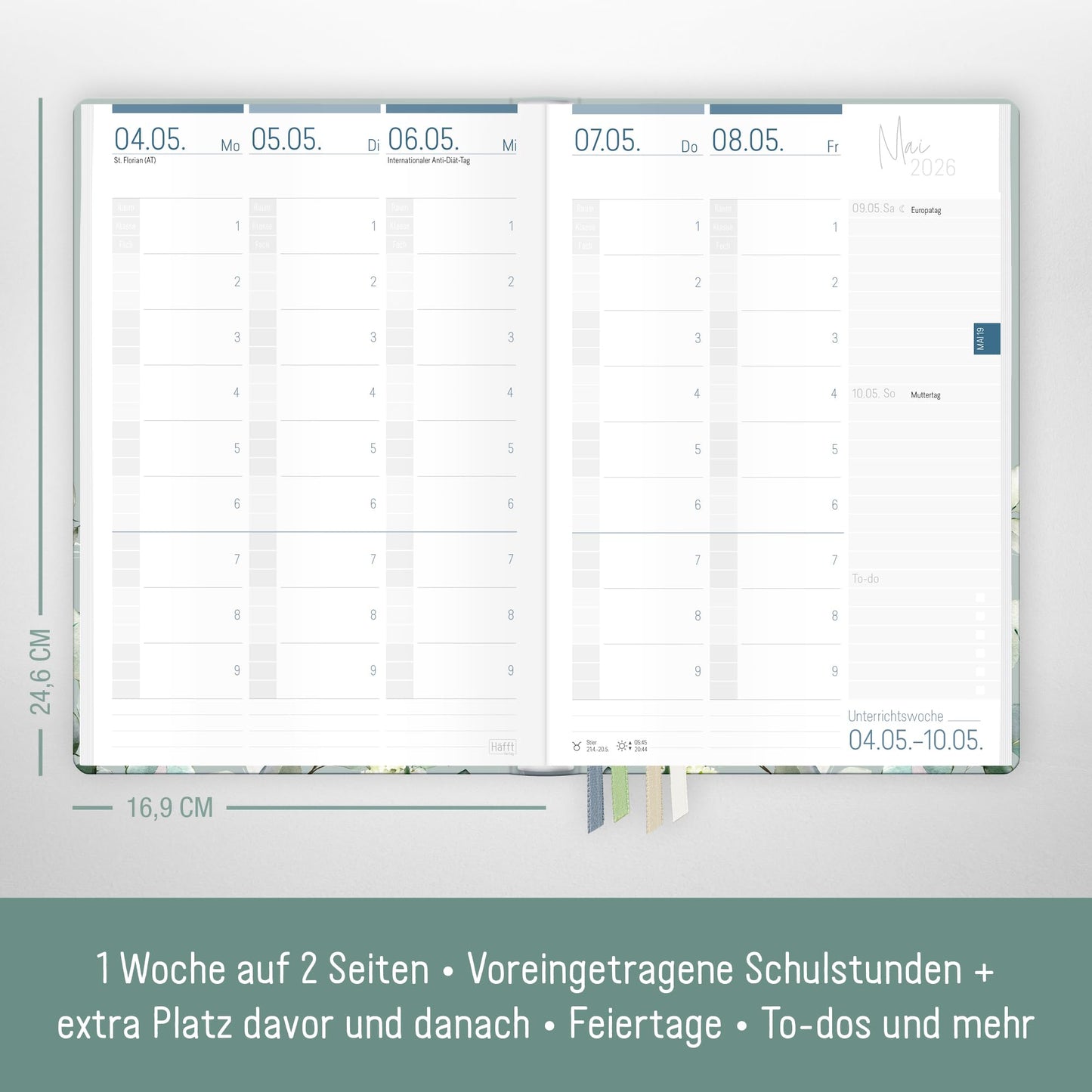 Häfft® Teacher Planner 2025/2026 A5 + "Minty Leaves" Hardcover Teacher Calendar/School Year Planner with 236 pages, stickers and more - sustainable & eco-friendly