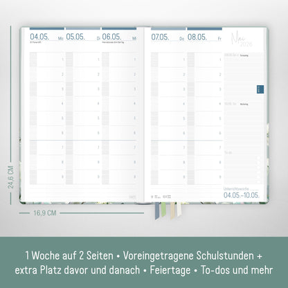Häfft® Teacher Planner 2025/2026 A5 + "Minty Leaves" Hardcover Teacher Calendar/School Year Planner with 236 pages, stickers and more - sustainable & eco-friendly