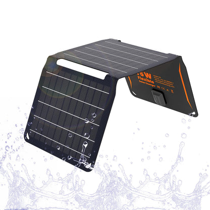 FlexSolar 15W portable solar panel charger (5.5V/2.9A max), waterproof, foldable, IP67, with USB port, compatible with iPhone Xs/X/8/7, iPad, camping, backpacking