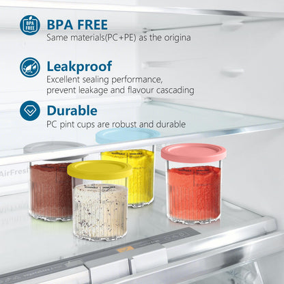 4-pack of Vione replacement Ninja Creami Deluxe Pints and Lids. 24 oz. pint containers compatible with NC501, NC500 series. BPA-free, dishwasher safe, assorted colors.