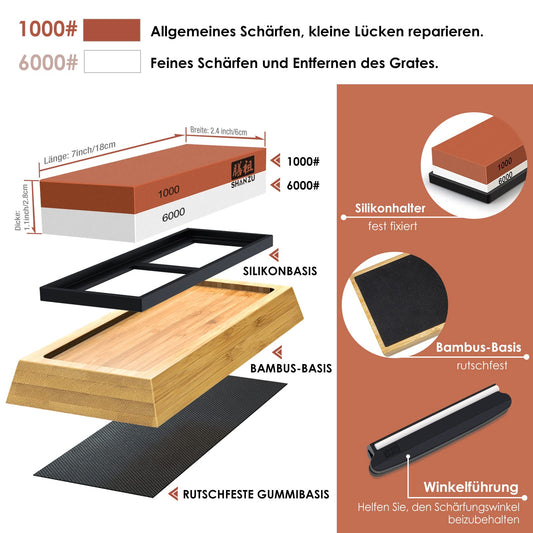 SHAN ZU Sharpening Stone Sharpening Stone Whetstone for Professional 2-in-1 Dual-Sided Knife Sharpener, Grit 1000/6000 with Non-Slip Silicone Holder for Kitchen Knives