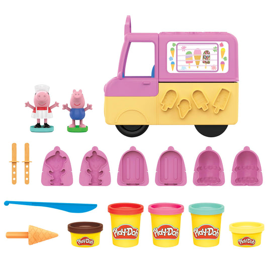 Play-Doh Peppa's Ice Cream Truck Craft Set includes 3 x 56g cans and 2 x 28g cans of modeling compound, Peppa and George figures, and various accessories and molds. Creative fun for kids ages 3 and up.