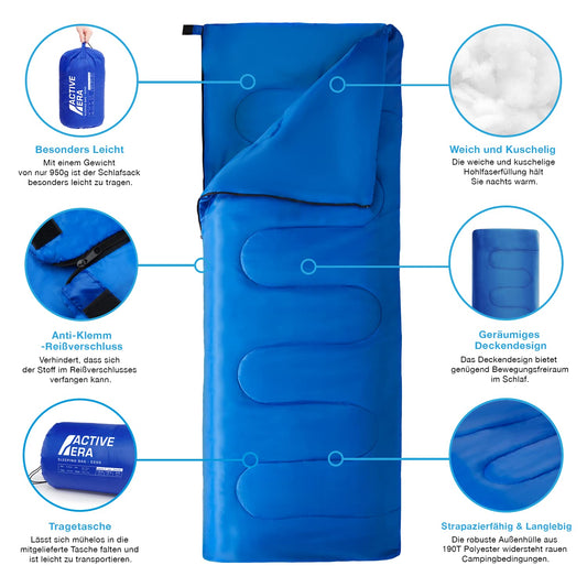Active Era Sleeping Bag -3°C to 15°C for Summer, Spring, Autumn - Lightweight Outdoor and Indoor Sleeping Bag - Blue