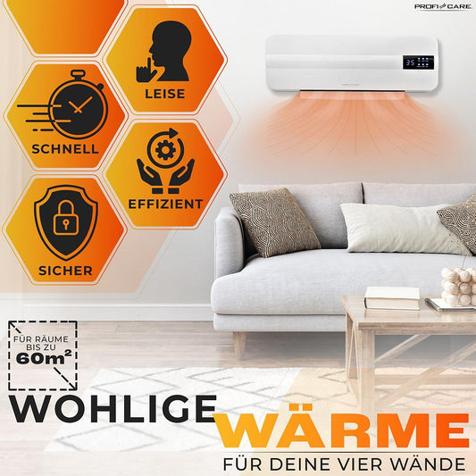ProfiCare® wall fan heater with window open detection | Radiator for up to 60sqm | Electric heater for wall mounting including mounting material | Heater with 1.5m cable, remote control & timer | PC HL 3116