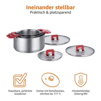 Amazon Basics 3-Piece Cookware Set - Stainless Steel, Non-Stick, Induction-Ready, with Lids - 16/20/24 cm