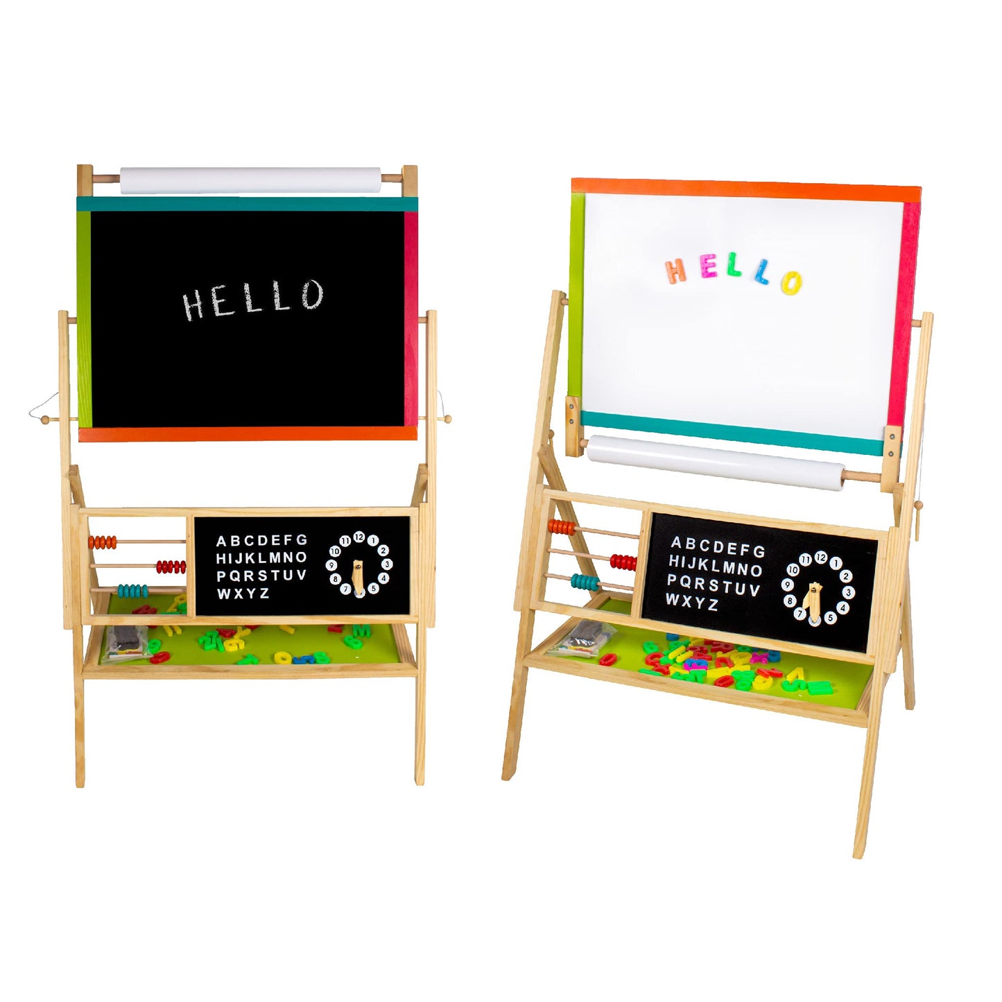 Calma Dragon W12B103-2 Kids Whiteboard 2 in 1, wooden children's board, double-sided, with clock and alphabet, with drawing paper roll, chalk, markers, and eraser (Large)