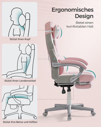 SONGMICS Office Chair with Adjustable Footrest, Headrest, Lumbar Pillow, Height Adjustment, Ergonomic Design, Reclining Backrest, Supports up to 150 kg, Pastel Pink and Cream White OBG073P01