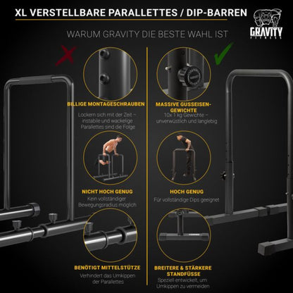 Gravity Fitness Dip Bars XL - Adjustable Parallettes for Calisthenics, Home Gym & Professional Use - 38mm handles for Dips, L-Sit, Push-Ups - sturdy bars for strength training