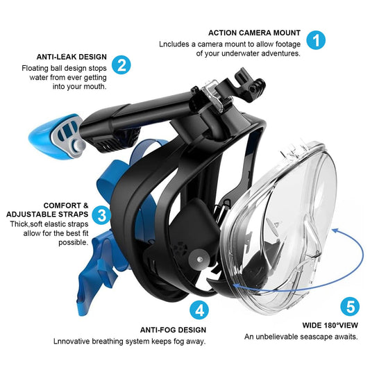 Jsdoin Snorkel Mask Adult Full Face, 180-Degree View Diving Mask with Panoramic Full Face Design, Sport Camera Compatible Diving Goggles for Adults and Kids (Black Blue, XS)