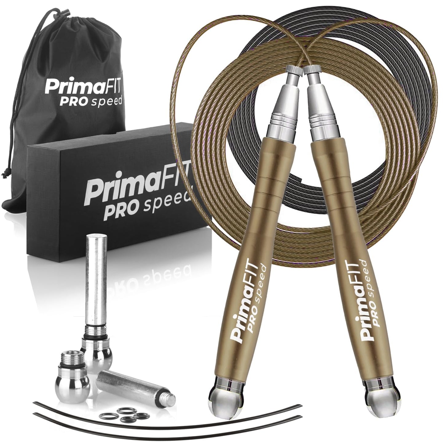 PrimaFIT Adult Fitness Pro Speed Jump Rope 3m Adjustable with Weights, 2 Ball Bearings & Anti-Slip Handles, Professional Skipping for Boxing, MMA, Crossfit. Extra Steel Cable and Bag included.